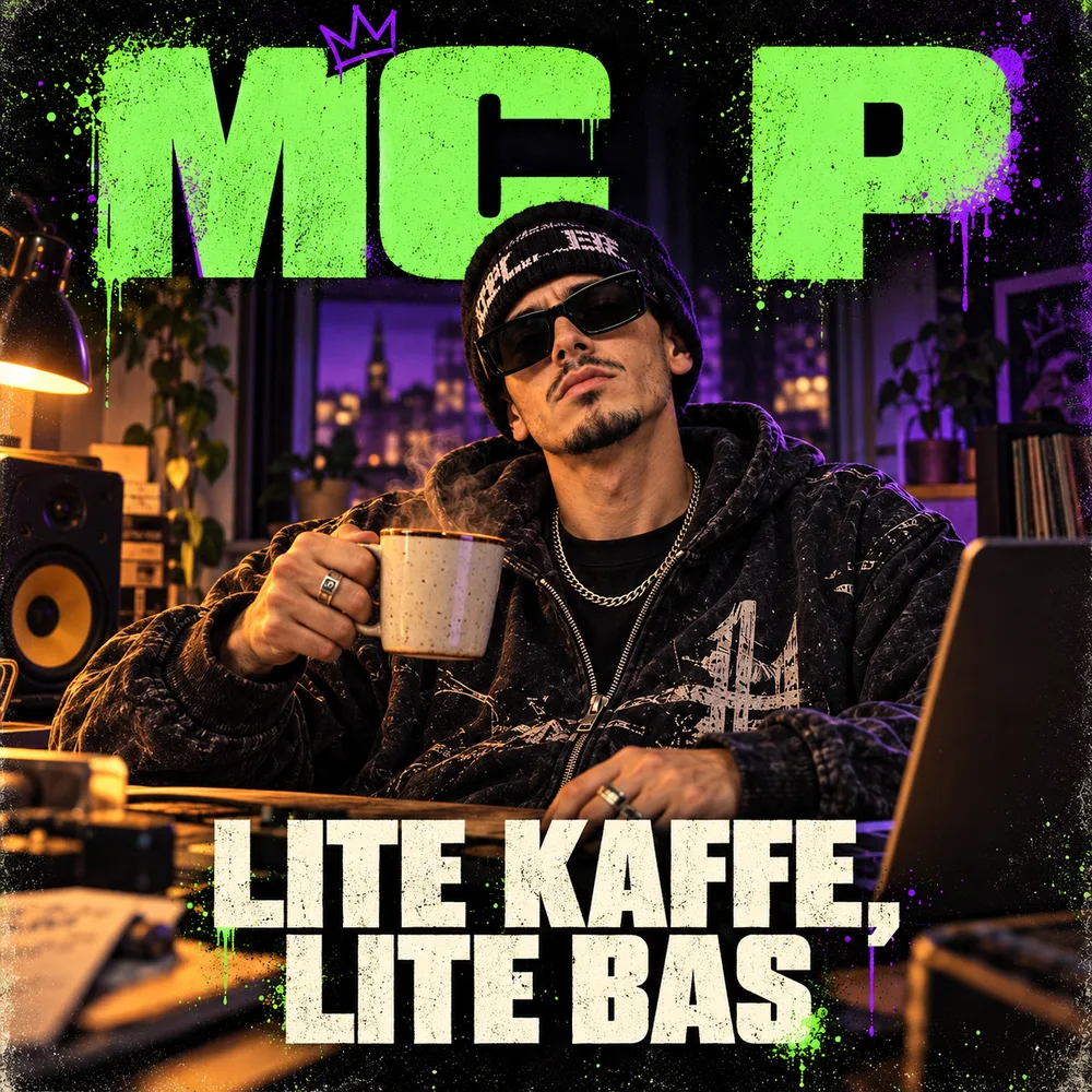 Omslaget till ”Lite kaffe, lite bas”: MC P med solglasögon och mössa lyfter en kaffekopp vid sitt skrivbord.